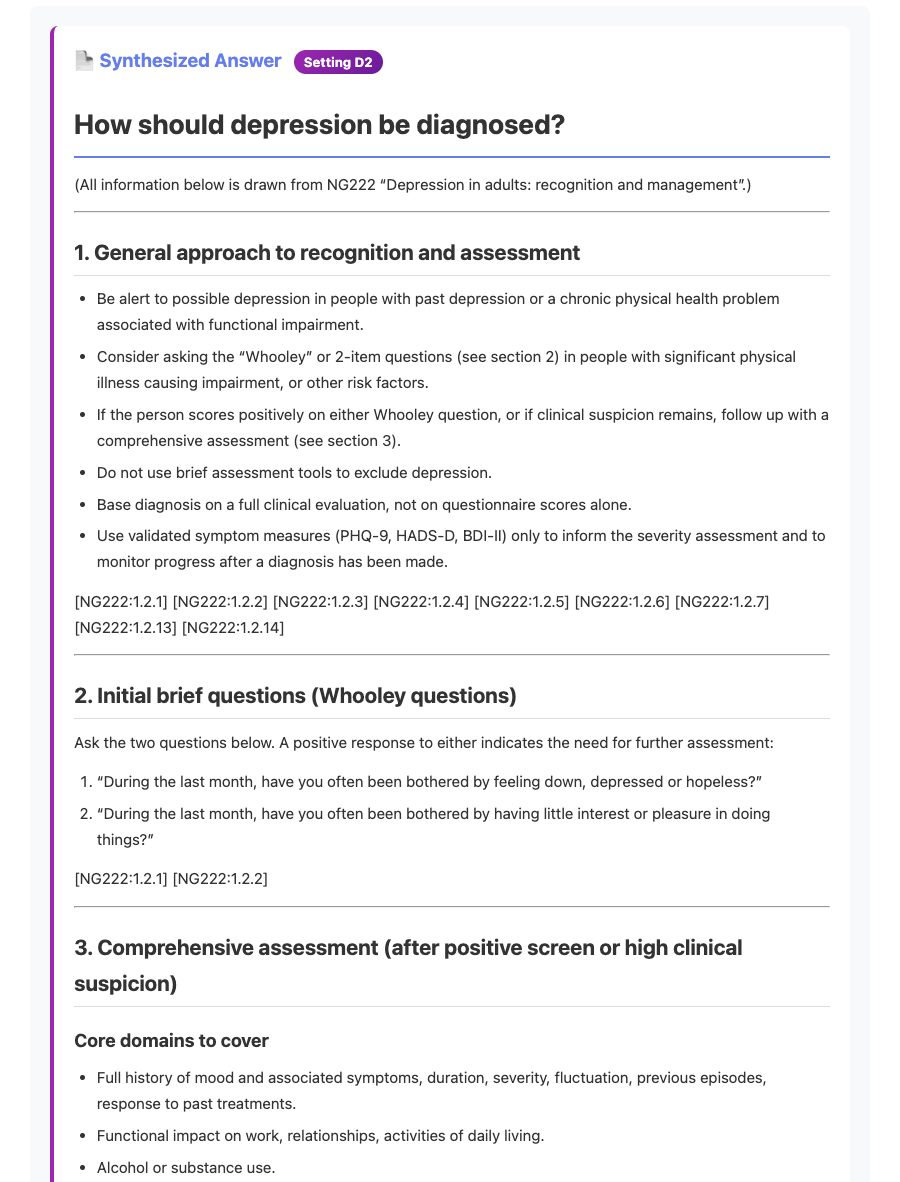 Screenshot excerpt from NICE NG222 showing sections on severity classification, documentation and communication, and next steps after diagnosis, with bracketed NG222 references.