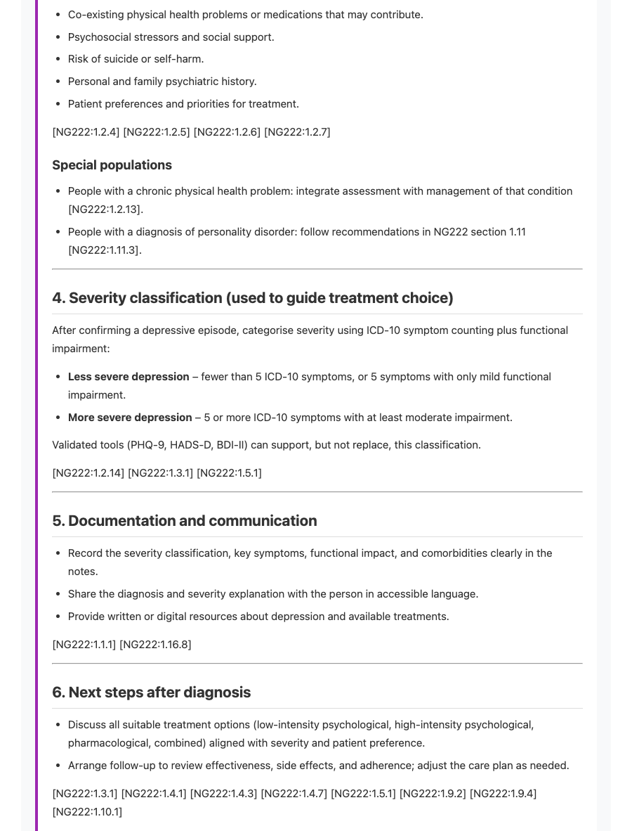 Second screenshot excerpt from NICE NG222 continuing the sections on severity classification, documentation and communication, and next steps after diagnosis, with NG222 reference tags.